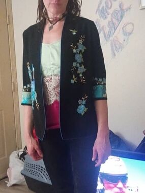 Turquoise And Blues Embroidered Florals/Peacock On Blazer Style Black Coat